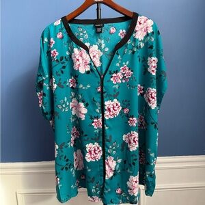 Torrid Teal and Pink Floral Blouse with Black Trim